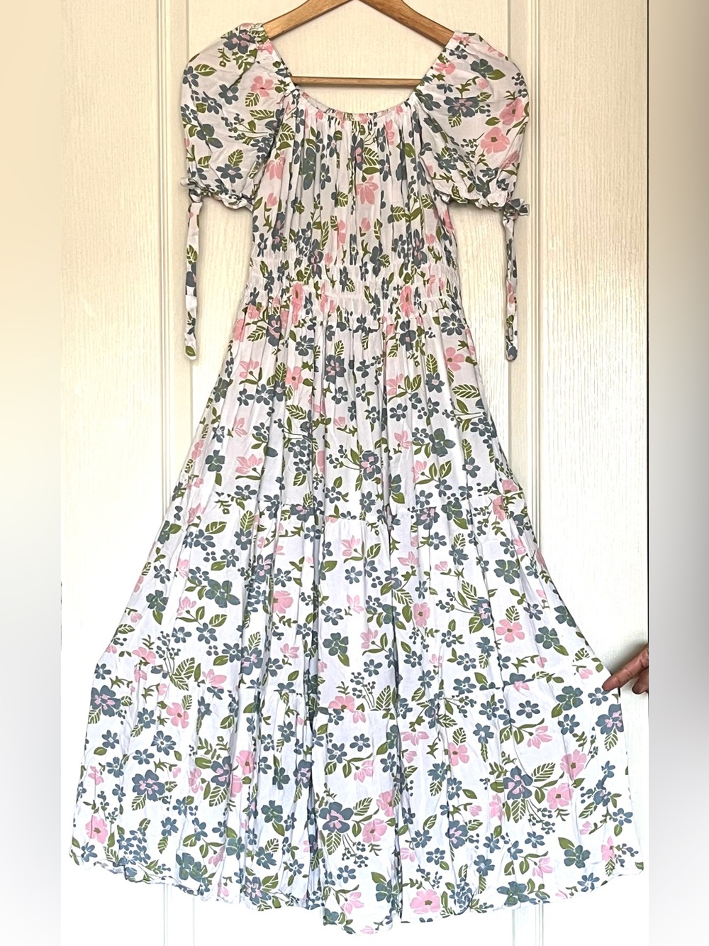 Boho Floral Puff Sleeve Milkmaid Midi Dress Smocked Waist S Romantic Coquette - Picture 2 of 14